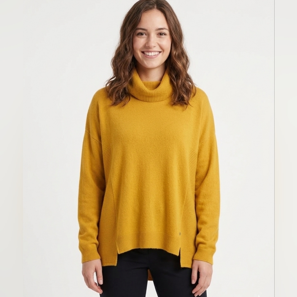Olsen Mustard Yellow Mock Neck wool blend soft Side Stripe large